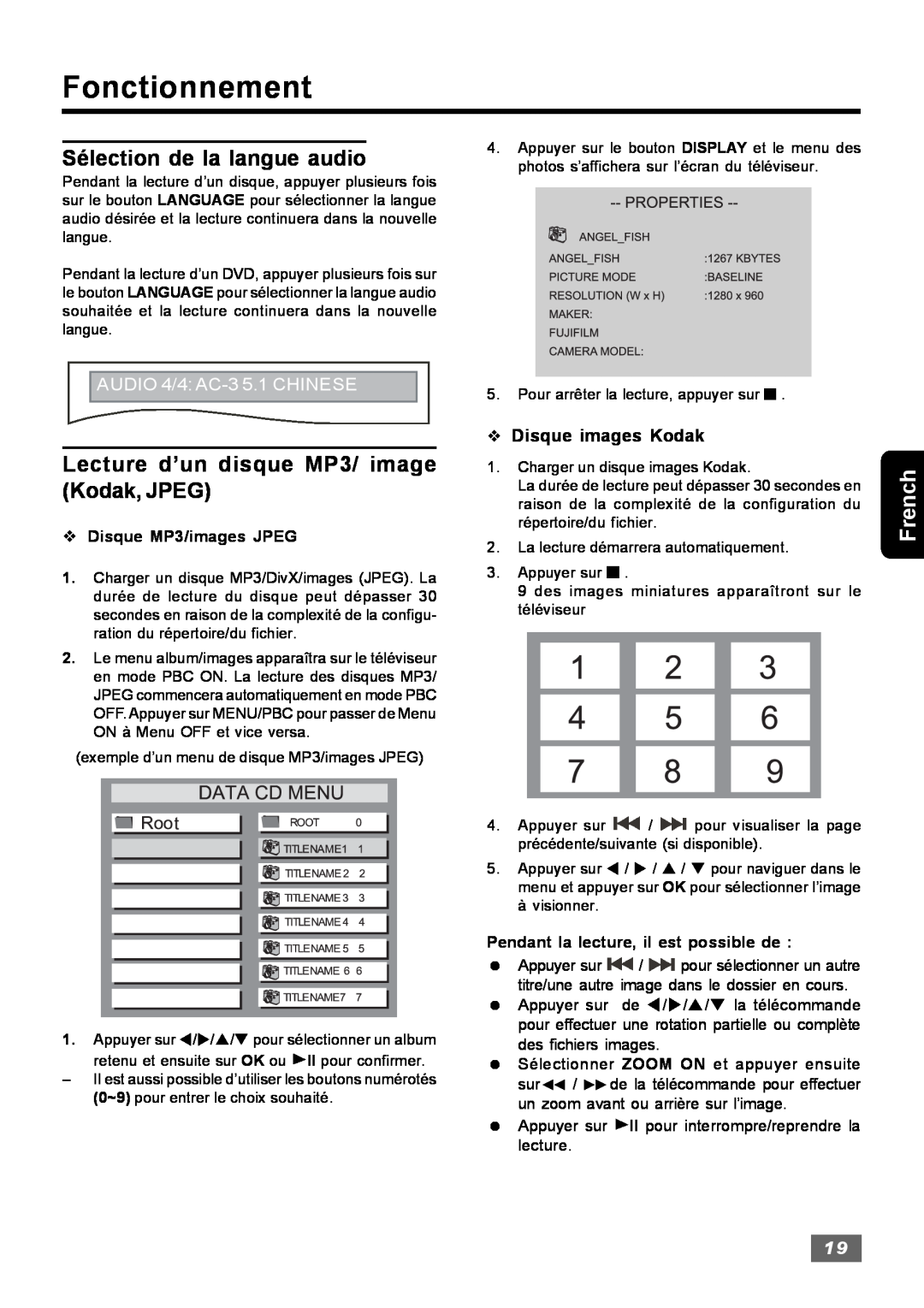 Insignia IS-HTIB102731 Sélection de la langue audio, Lecture d’un disque MP3/ image Kodak, JPEG, Fonctionnement, French 