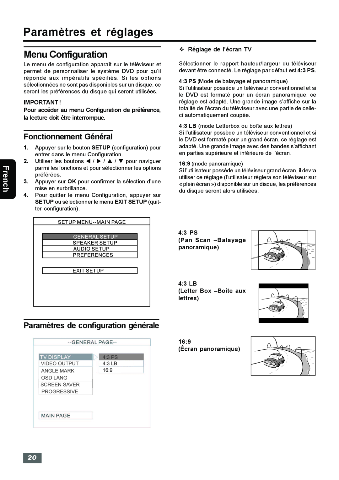 Insignia IS-HTIB102731 owner manual Paramètres et réglages, Menu Configuration, Fonctionnement Général, French 