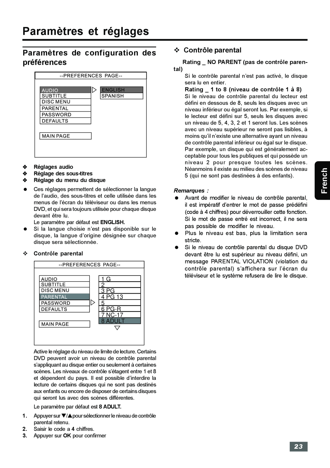 Insignia IS-HTIB102731 Paramètres de configuration des, préférences, v Contrôle parental, Paramètres et réglages, French 