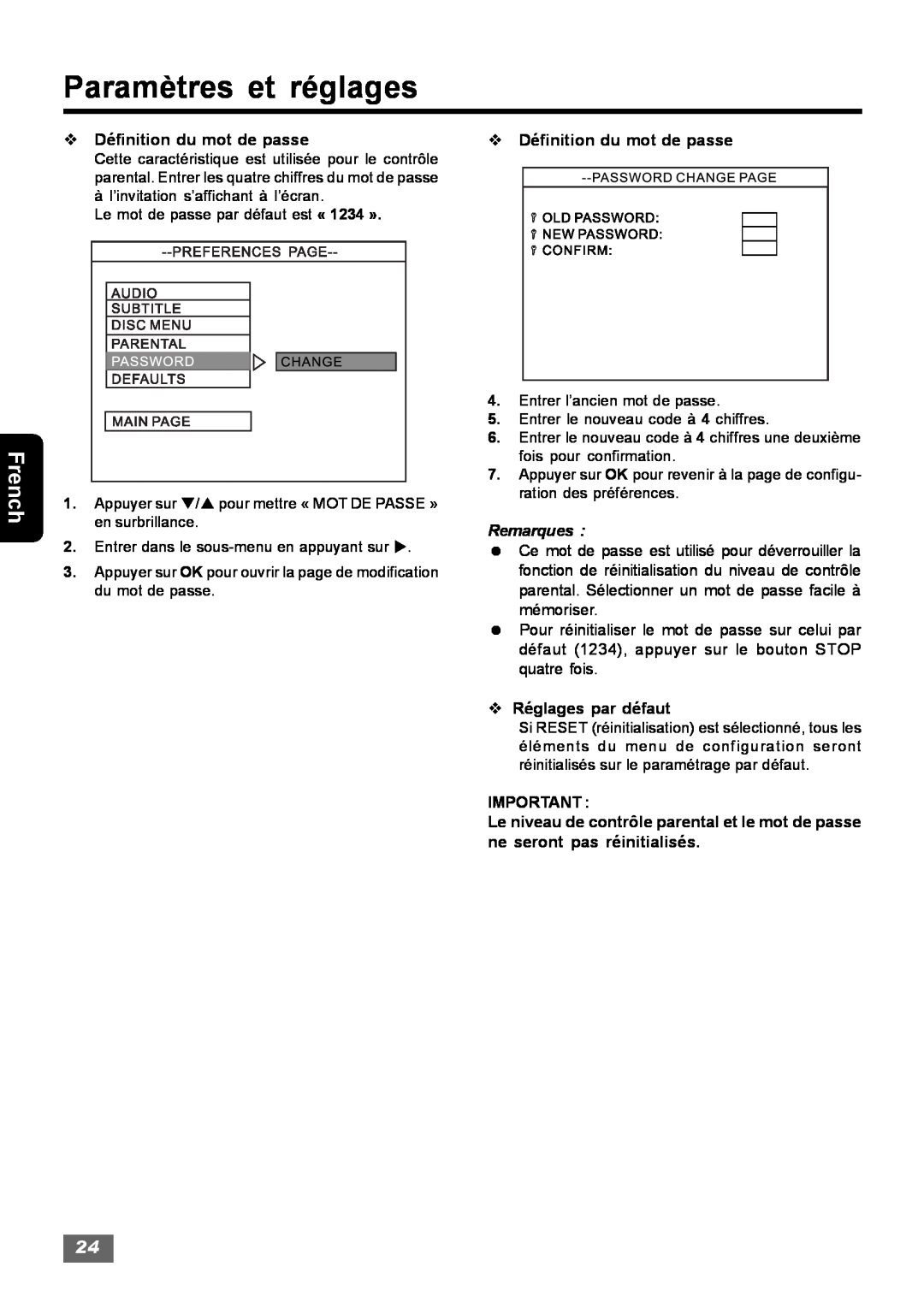Insignia IS-HTIB102731 owner manual Paramètres et réglages, v Définition du mot de passe 