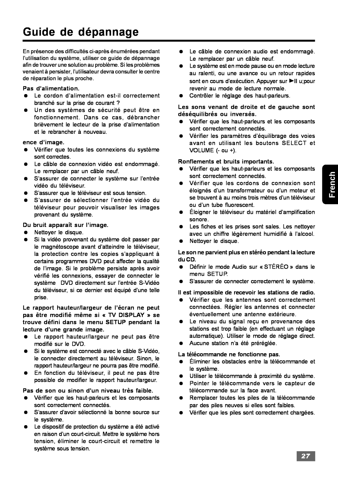 Insignia IS-HTIB102731 owner manual Guide de dépannage, French 