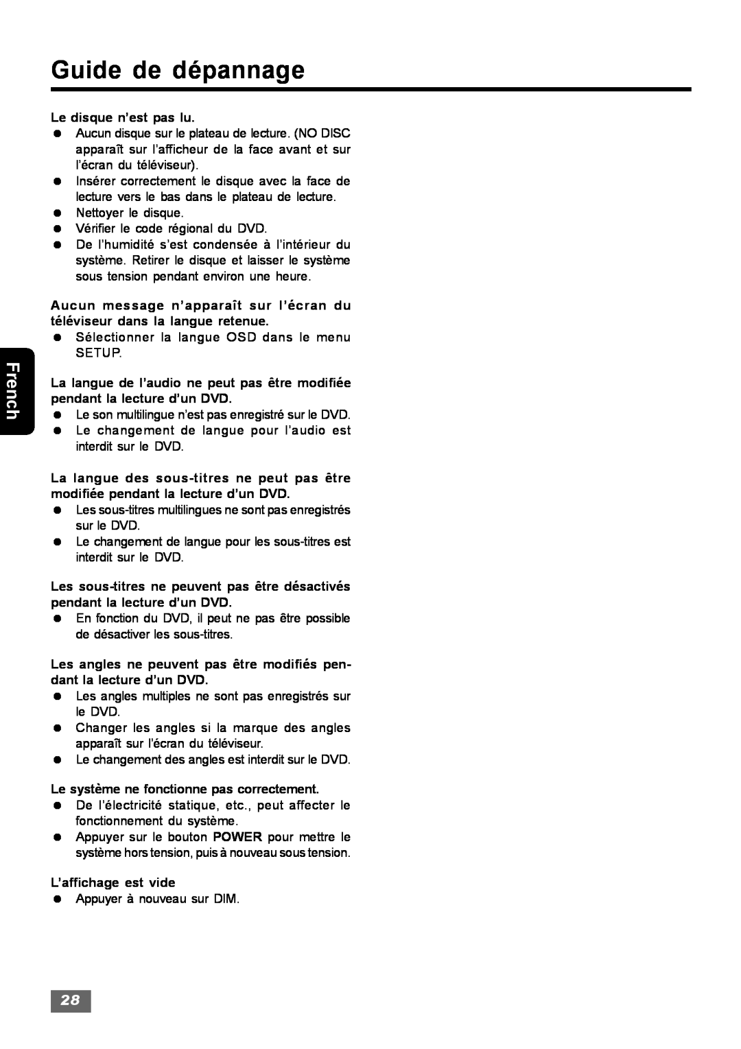 Insignia IS-HTIB102731 owner manual Guide de dépannage, French, Le disque n’est pas lu 