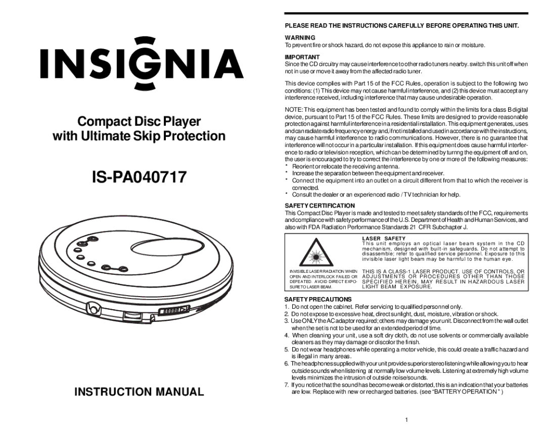 Insignia IS-PA040717 instruction manual 