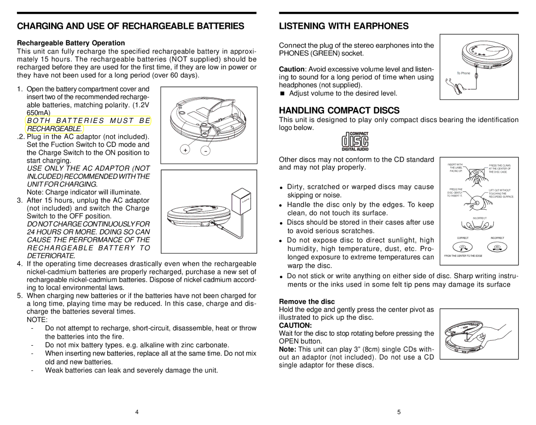 Insignia IS-PA040717 Charging and USE of Rechargeable Batteries, Listening with Earphones, Handling Compact Discs 