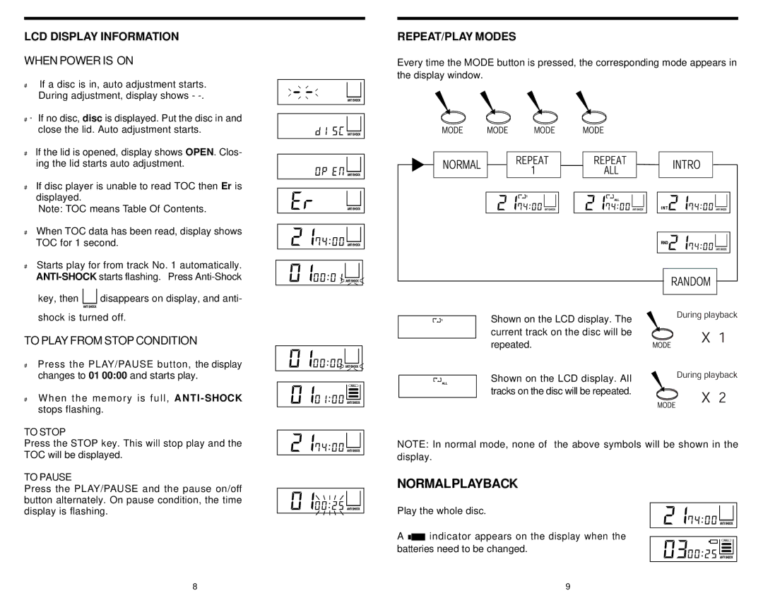 Insignia IS-PA040717 instruction manual Normalplayback, LCD Display Information, REPEAT/PLAY Modes 