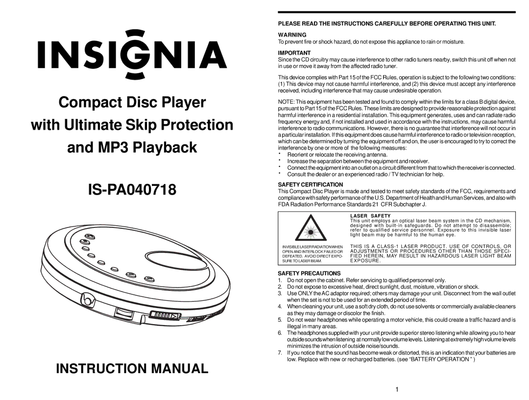 Insignia IS-PA040718 instruction manual Safety Certification 