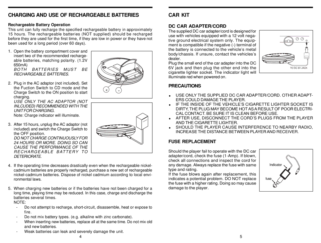 Insignia IS-PA040718 Charging and USE of Rechargeable Batteries, Car Kit, Dc Car Adapter/Cord, Precautions 