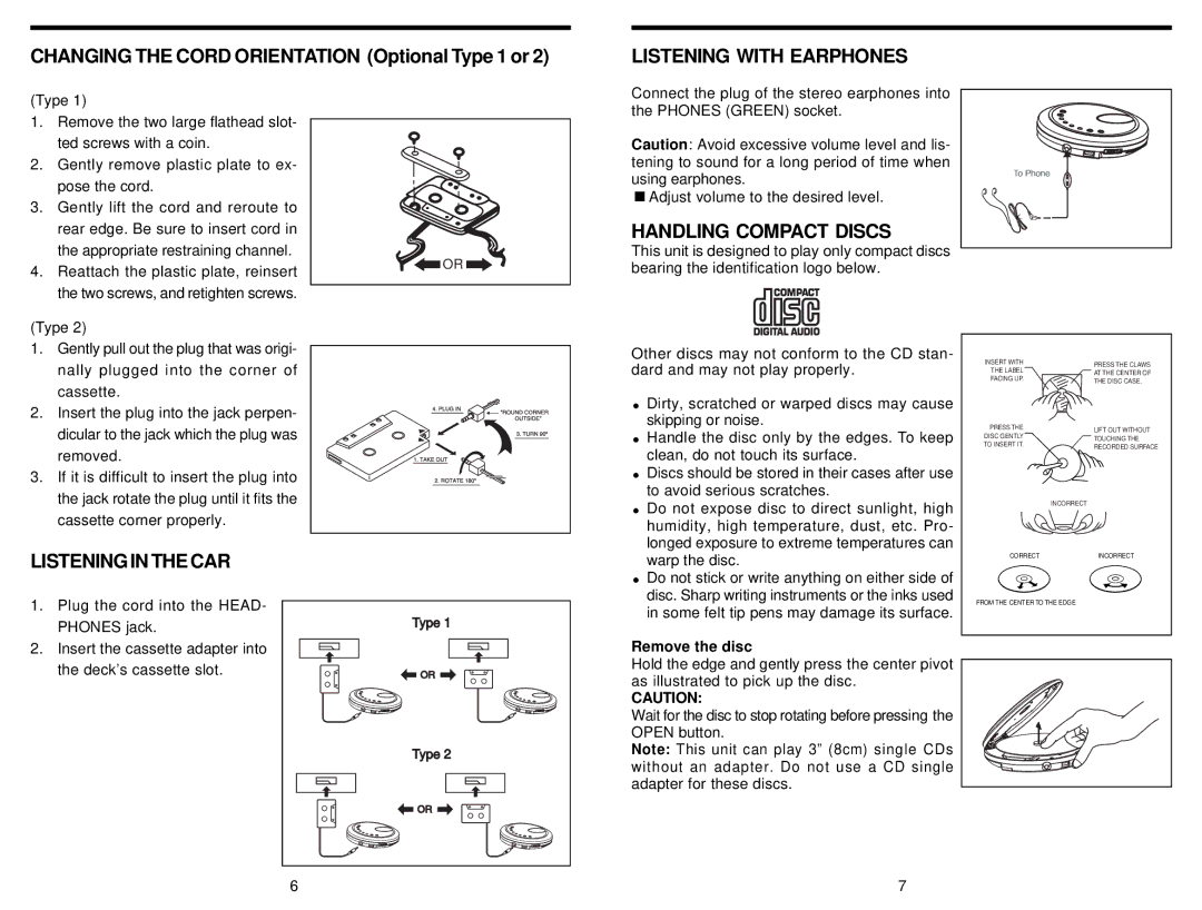 Insignia IS-PA040718 Listening with Earphones, Handling Compact Discs, Listeninginthecar, Remove the disc 