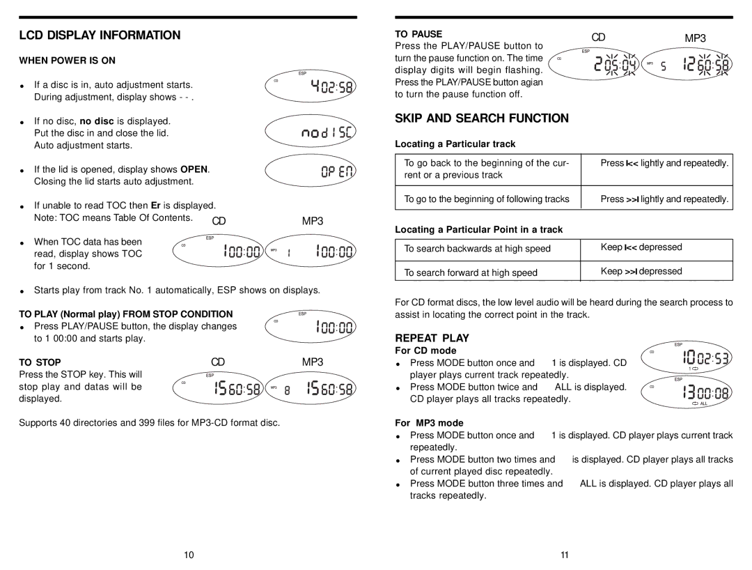 Insignia IS-PA040718 instruction manual LCD Display Information, Skip and Search Function, Repeat Play 