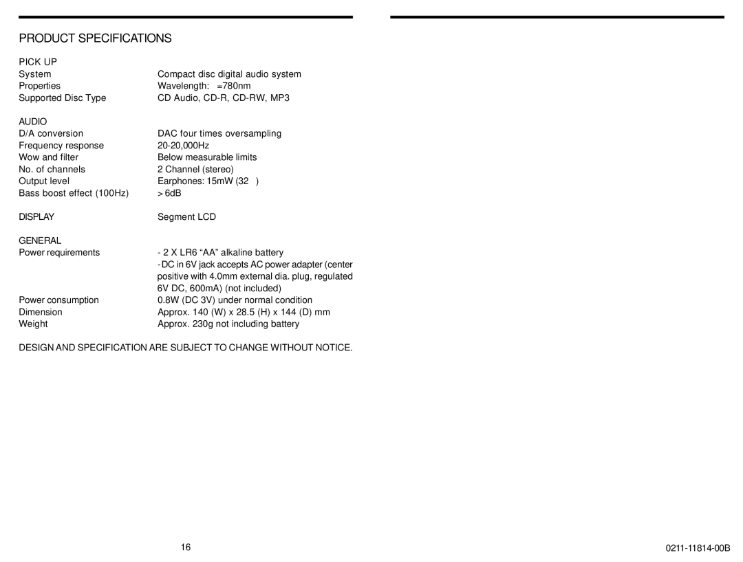 Insignia IS-PA040718 instruction manual Product Specifications, Pick UP, Audio, Display, General 