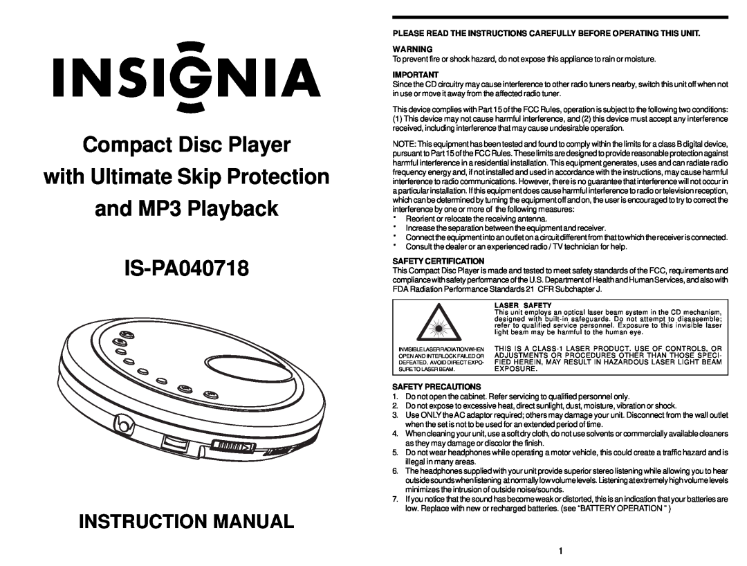 Insignia instruction manual Compact Disc Player with Ultimate Skip Protection, and MP3 Playback IS-PA040718 