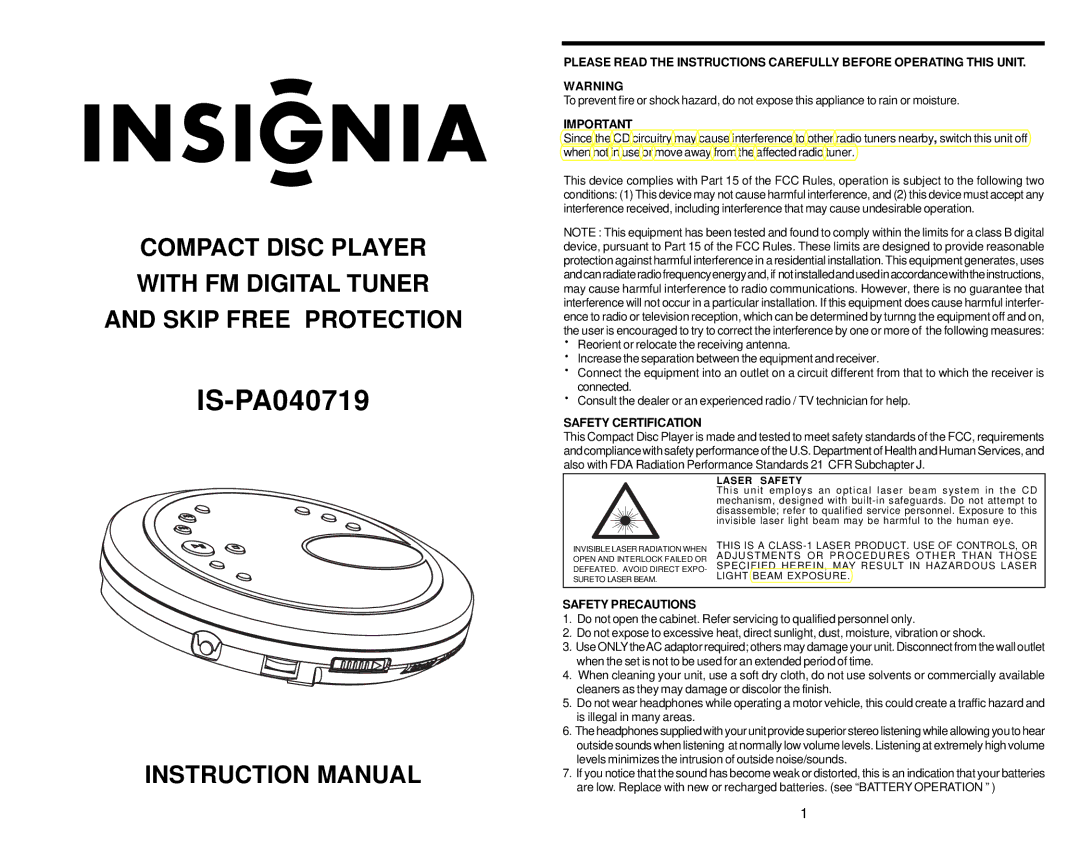 Insignia IS-PA040719 instruction manual 