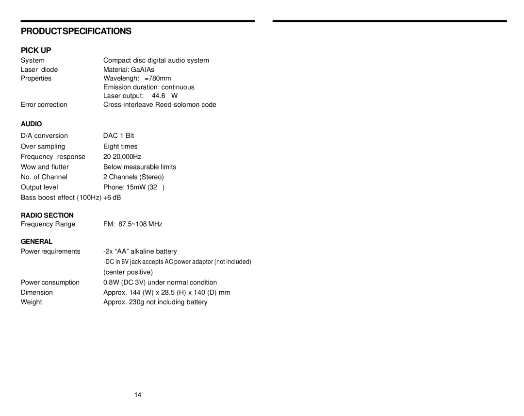 Insignia IS-PA040719 instruction manual Productspecifications, Pick UP, Audio, Radio Section, General 