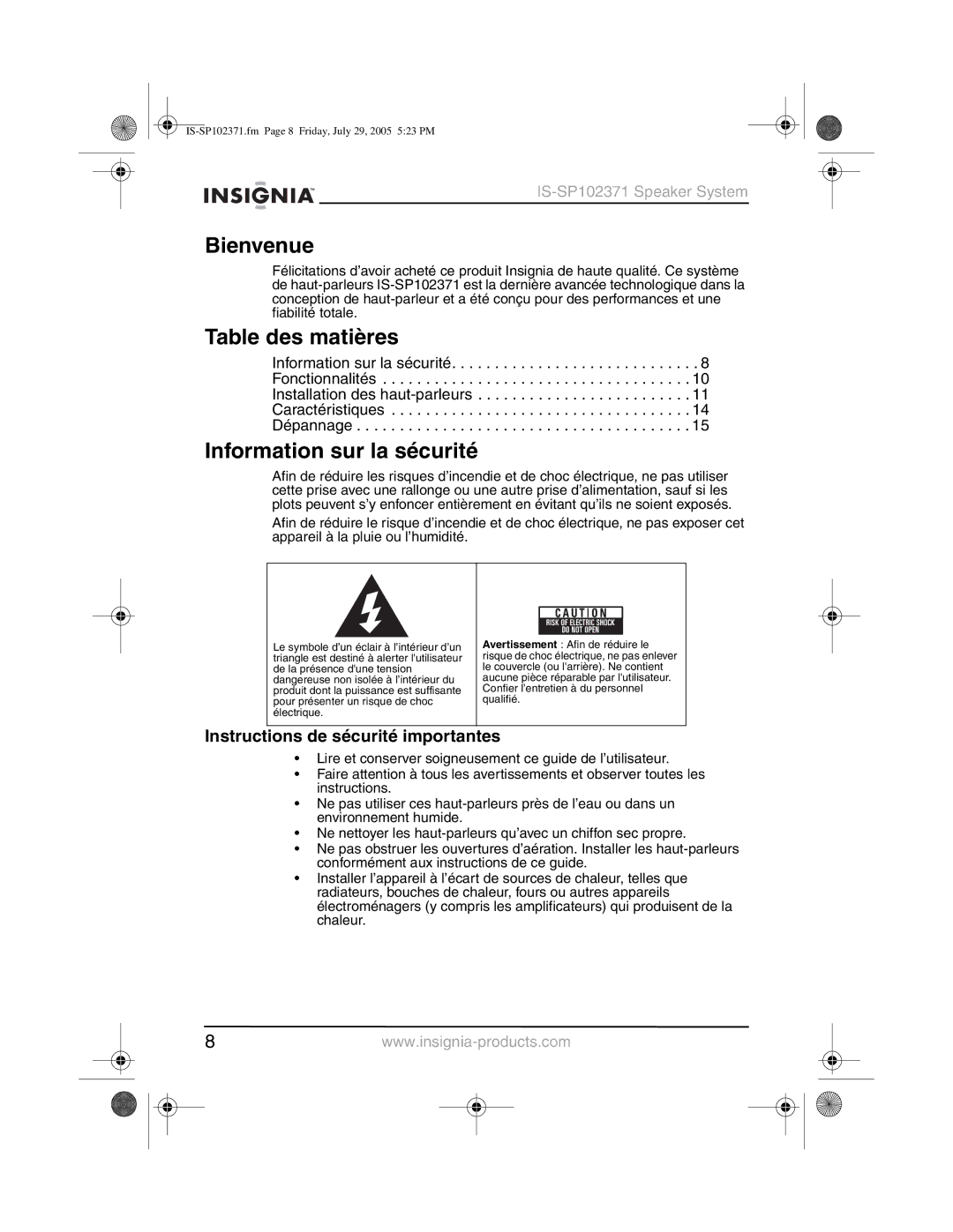 Insignia IS-SP102371 Bienvenue, Table des matières, Information sur la sécurité, Instructions de sécurité importantes 