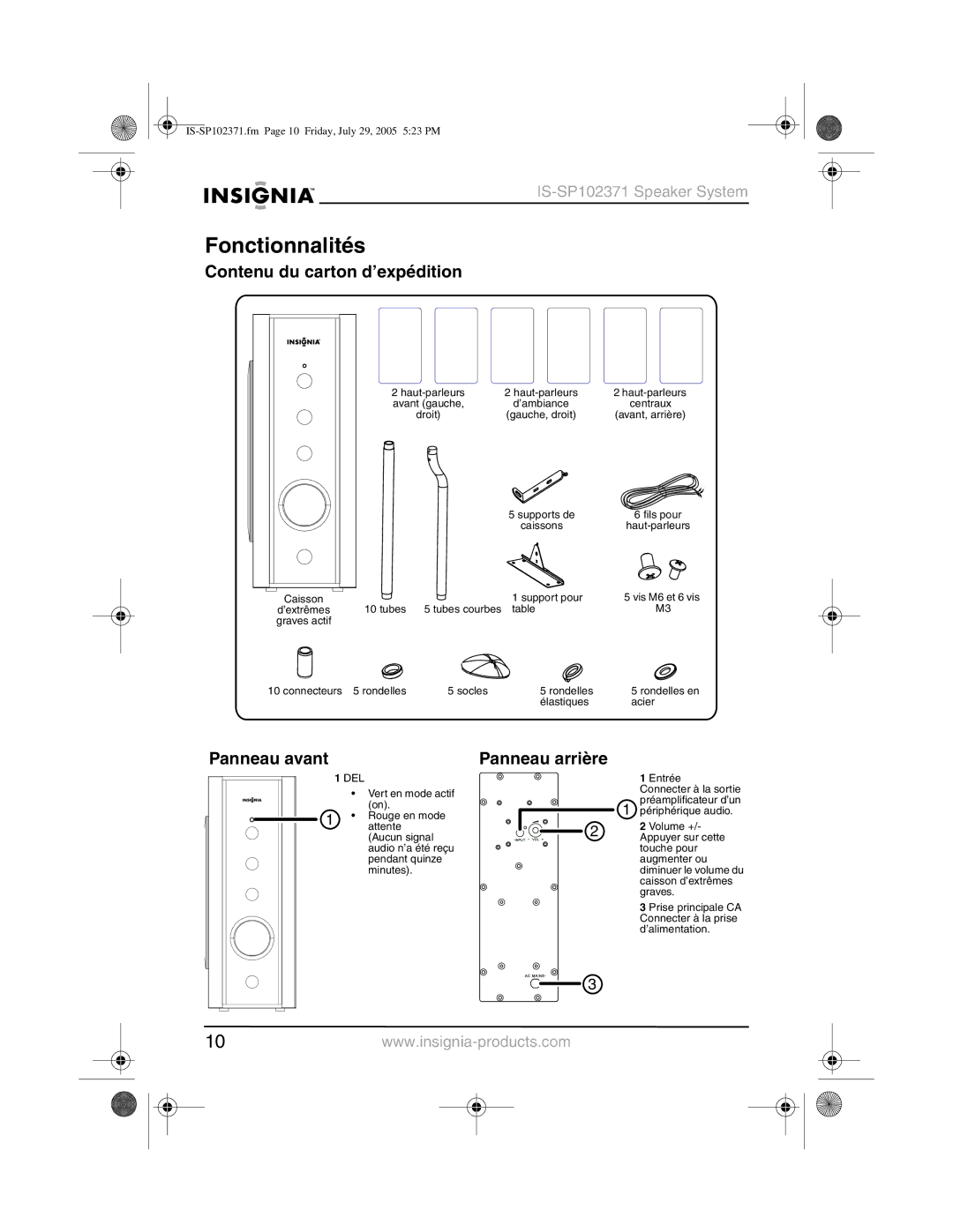 Insignia IS-SP102371 manual Fonctionnalités, Contenu du carton d’expédition, Panneau avant, Panneau arrière 