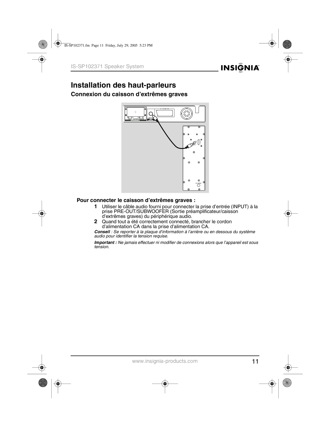 Insignia IS-SP102371 manual Installation des haut-parleurs, Connexion du caisson d’extrêmes graves 