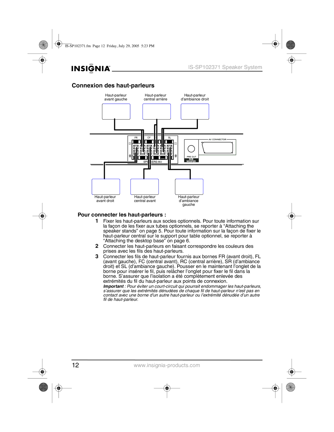 Insignia IS-SP102371 manual Connexion des haut-parleurs, Pour connecter les haut-parleurs 