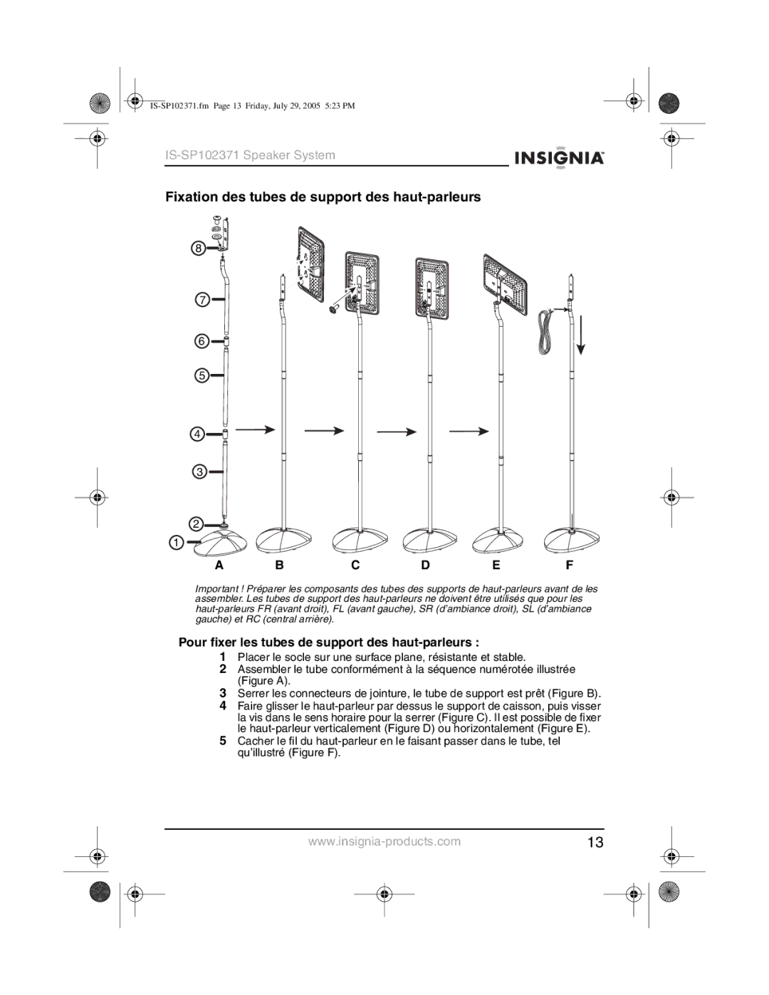 Insignia IS-SP102371 Fixation des tubes de support des haut-parleurs, Pour fixer les tubes de support des haut-parleurs 