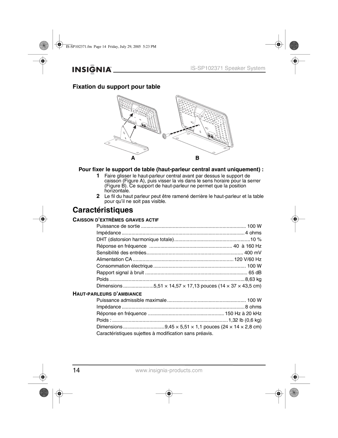 Insignia IS-SP102371 manual Caractéristiques, Fixation du support pour table 