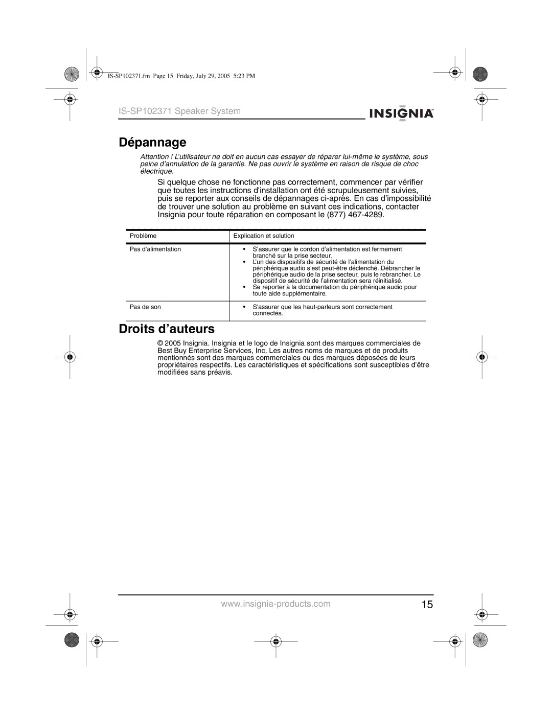 Insignia IS-SP102371 manual Dépannage, Droits d’auteurs 