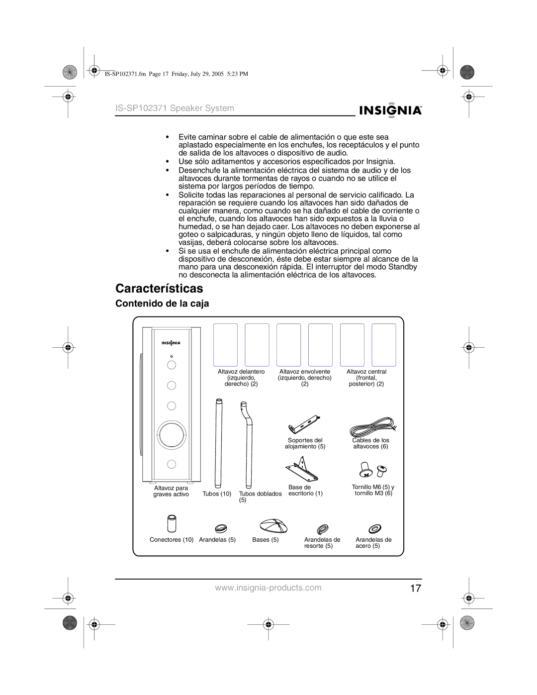 Insignia IS-SP102371 manual Características, Contenido de la caja 