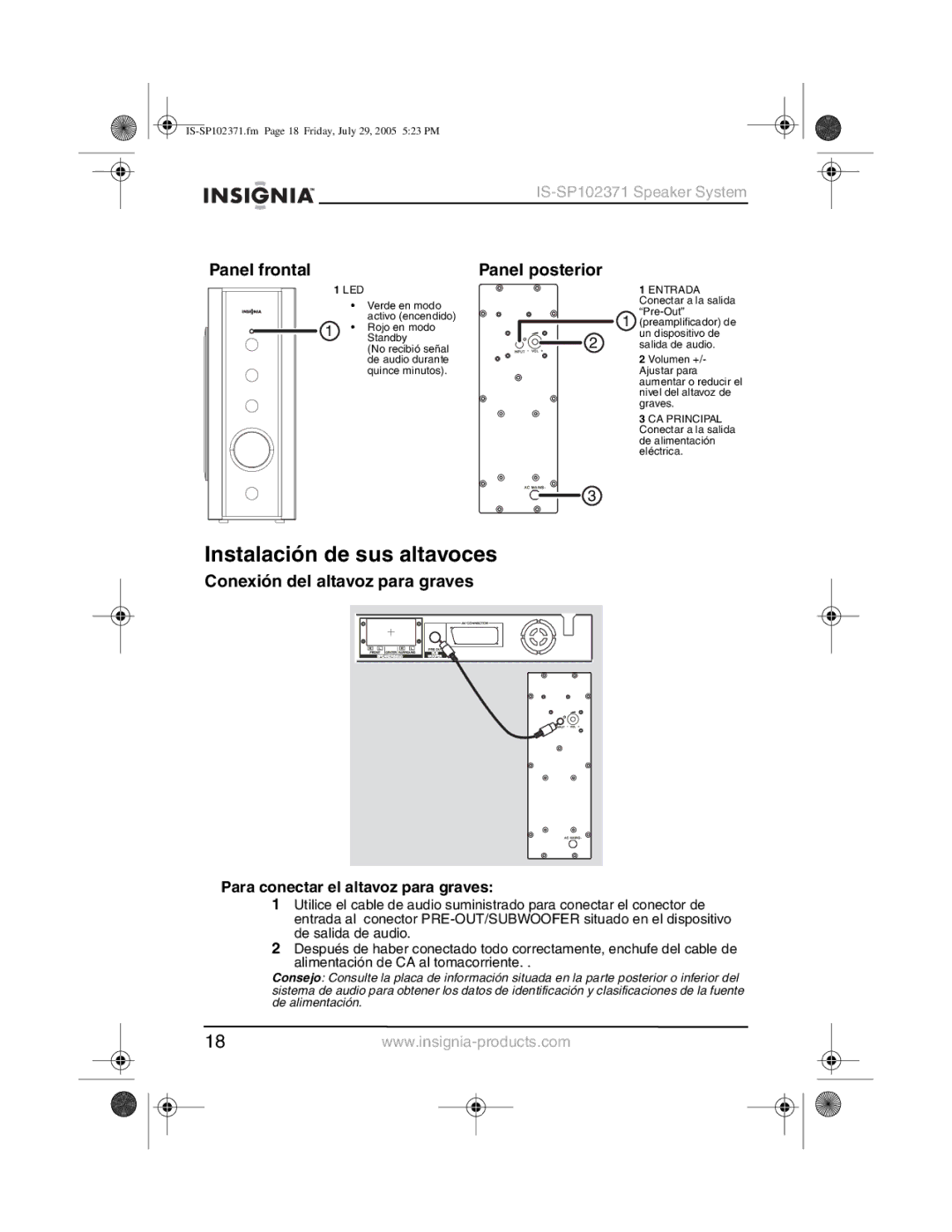 Insignia IS-SP102371 manual Instalación de sus altavoces, Panel frontal, Panel posterior, Conexión del altavoz para graves 