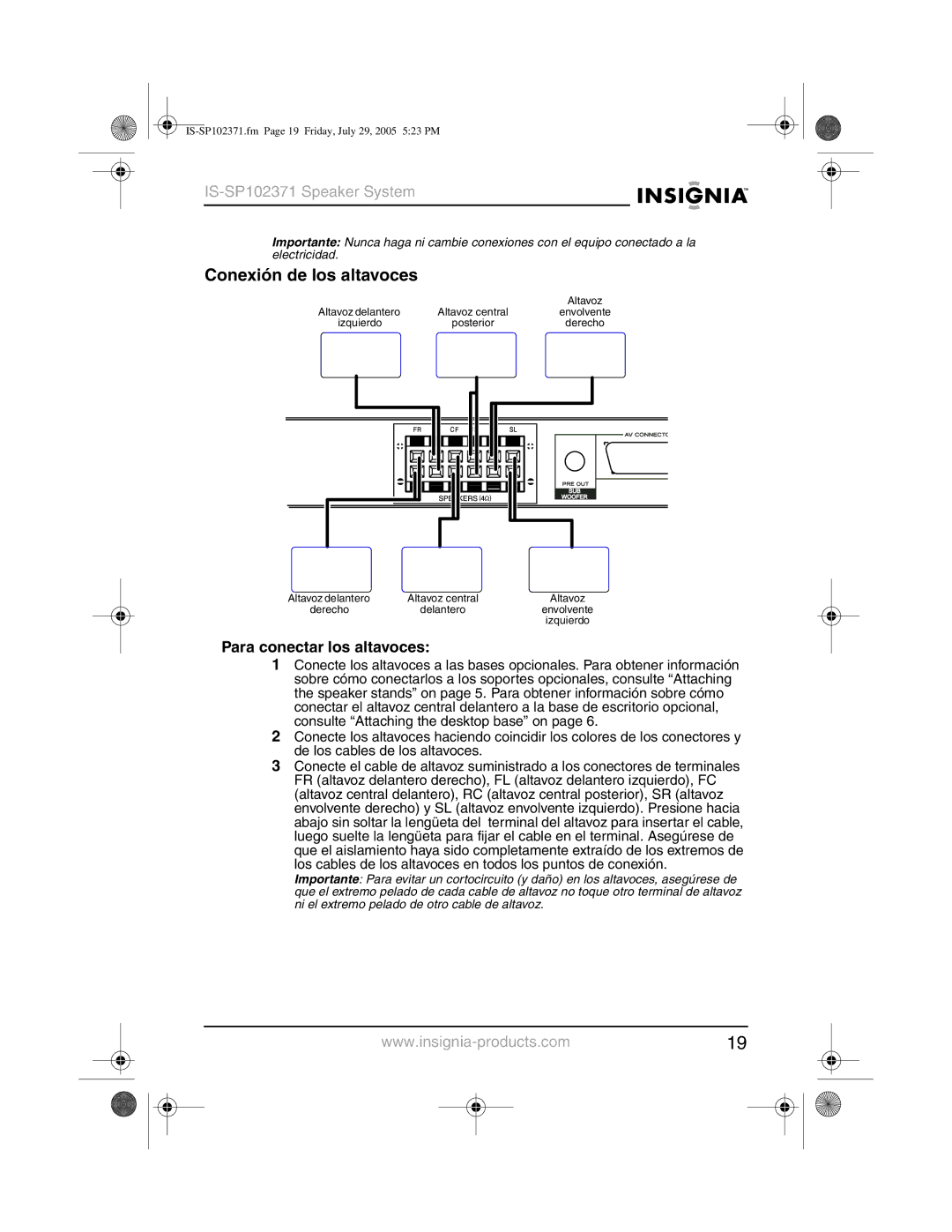 Insignia IS-SP102371 manual Conexión de los altavoces, Para conectar los altavoces 