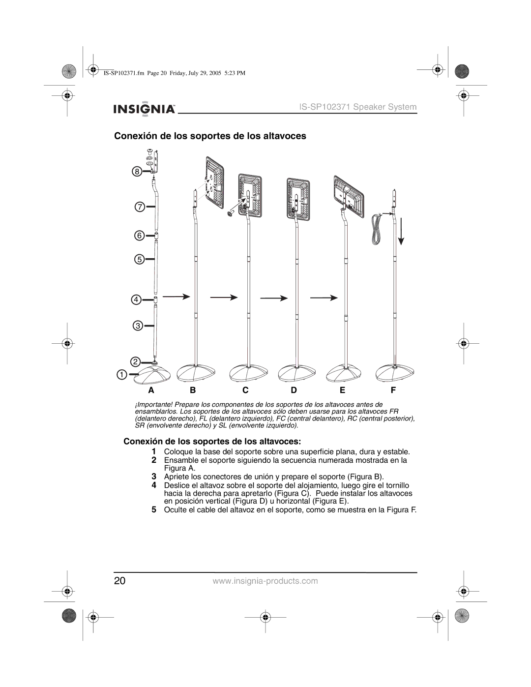 Insignia IS-SP102371 manual Conexión de los soportes de los altavoces 