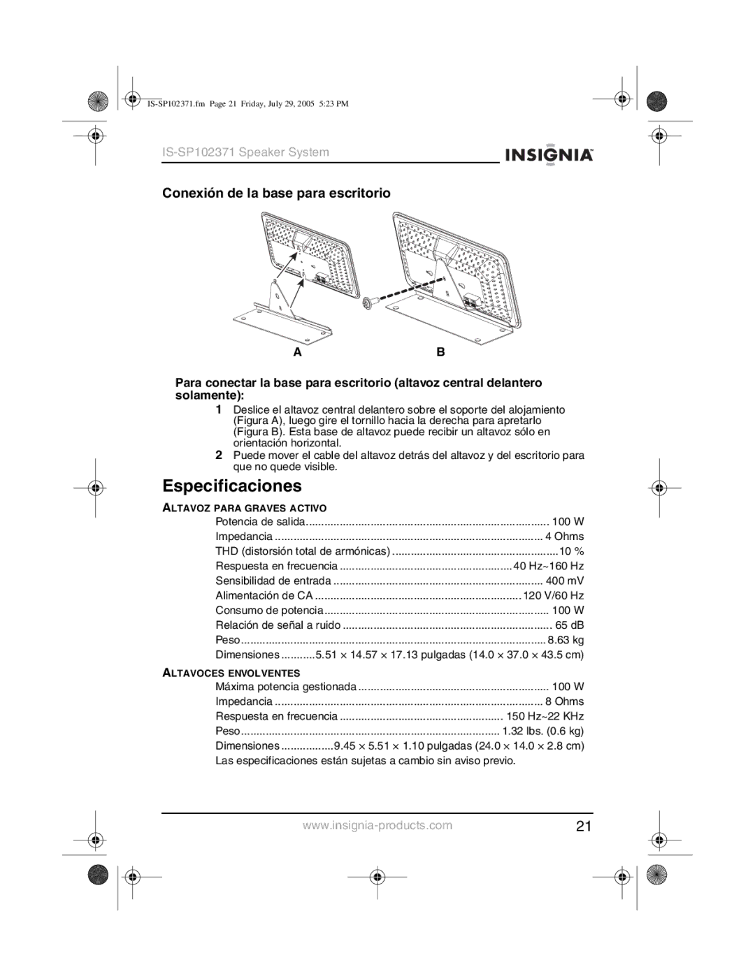 Insignia IS-SP102371 manual Especificaciones, Conexión de la base para escritorio 