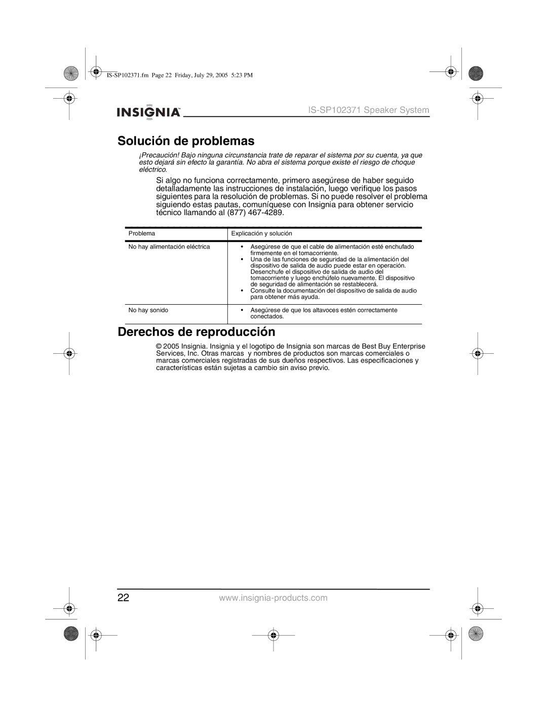 Insignia IS-SP102371 manual Solución de problemas, Derechos de reproducción 