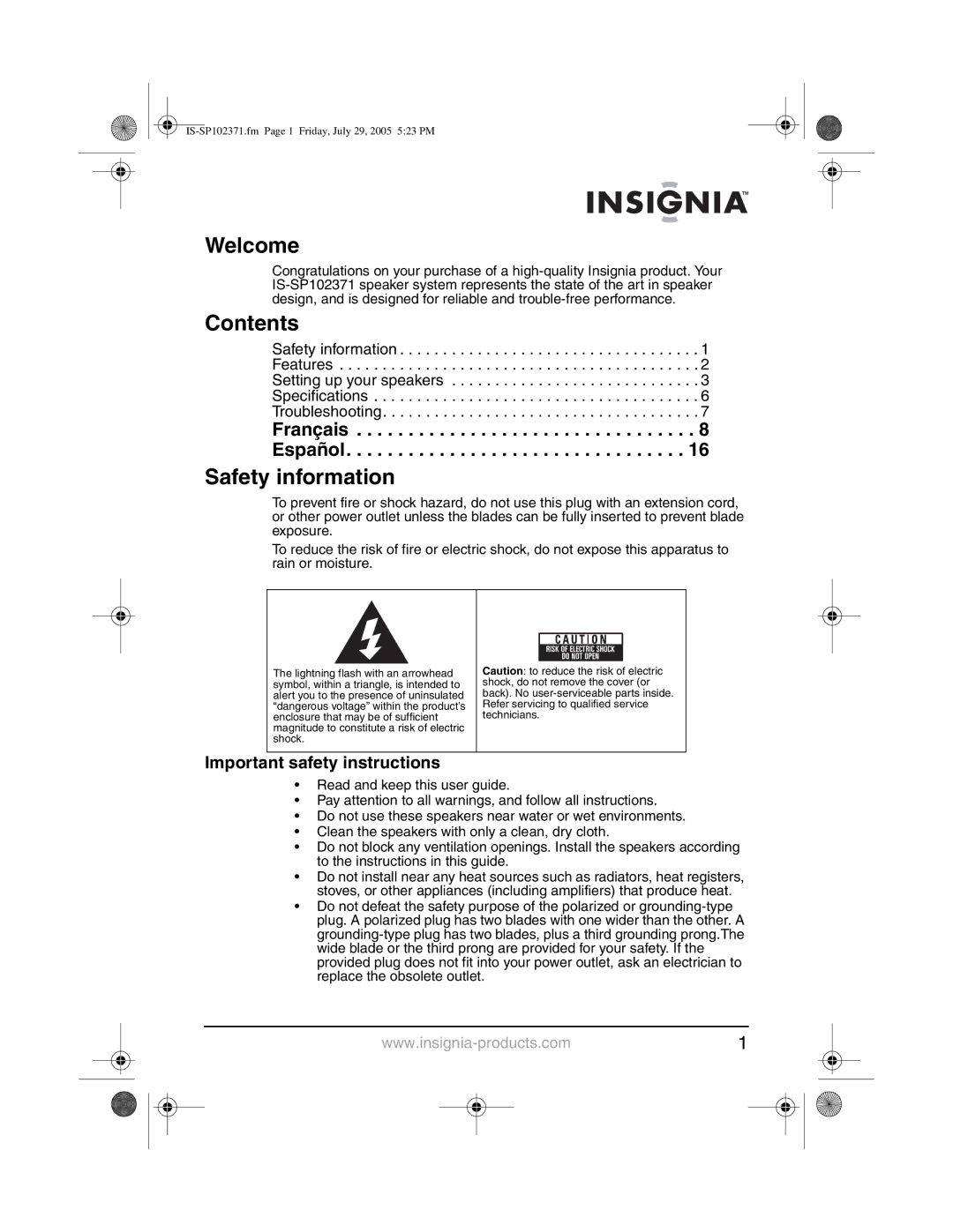 Insignia IS-SP102371 manual Welcome, Contents, Safety information 