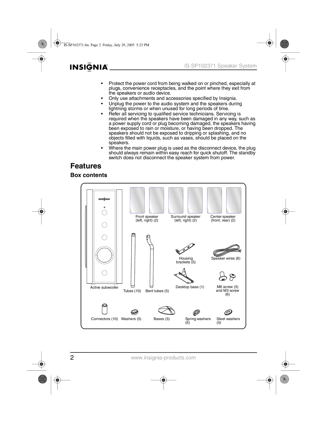 Insignia IS-SP102371 manual Features, Box contents 