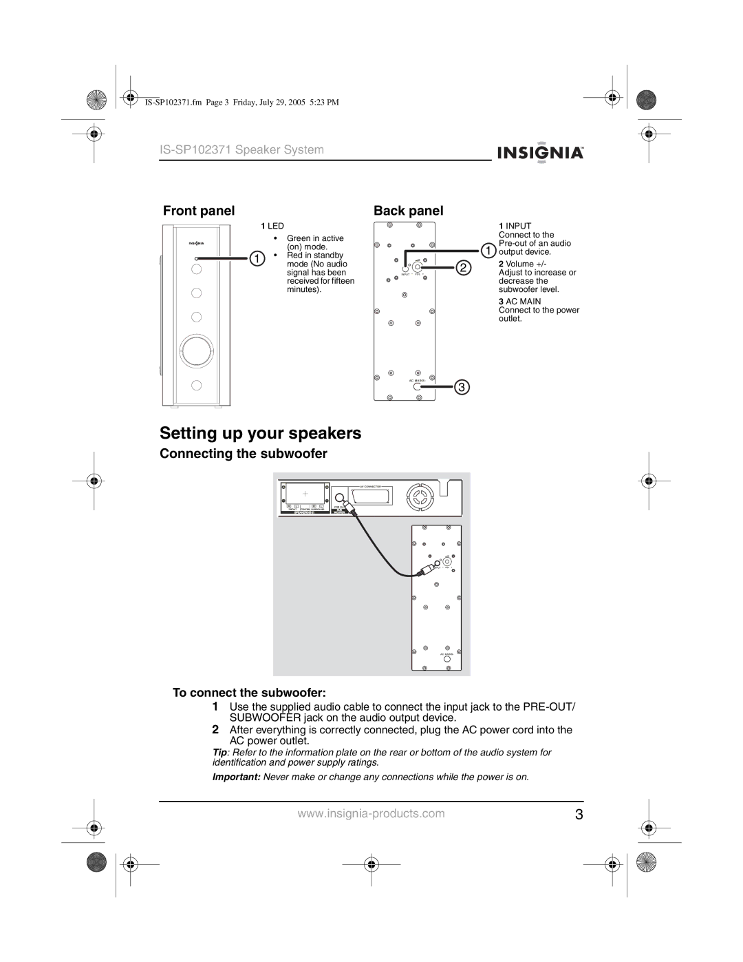 Insignia IS-SP102371 manual Setting up your speakers, Front panel, Connecting the subwoofer, To connect the subwoofer 