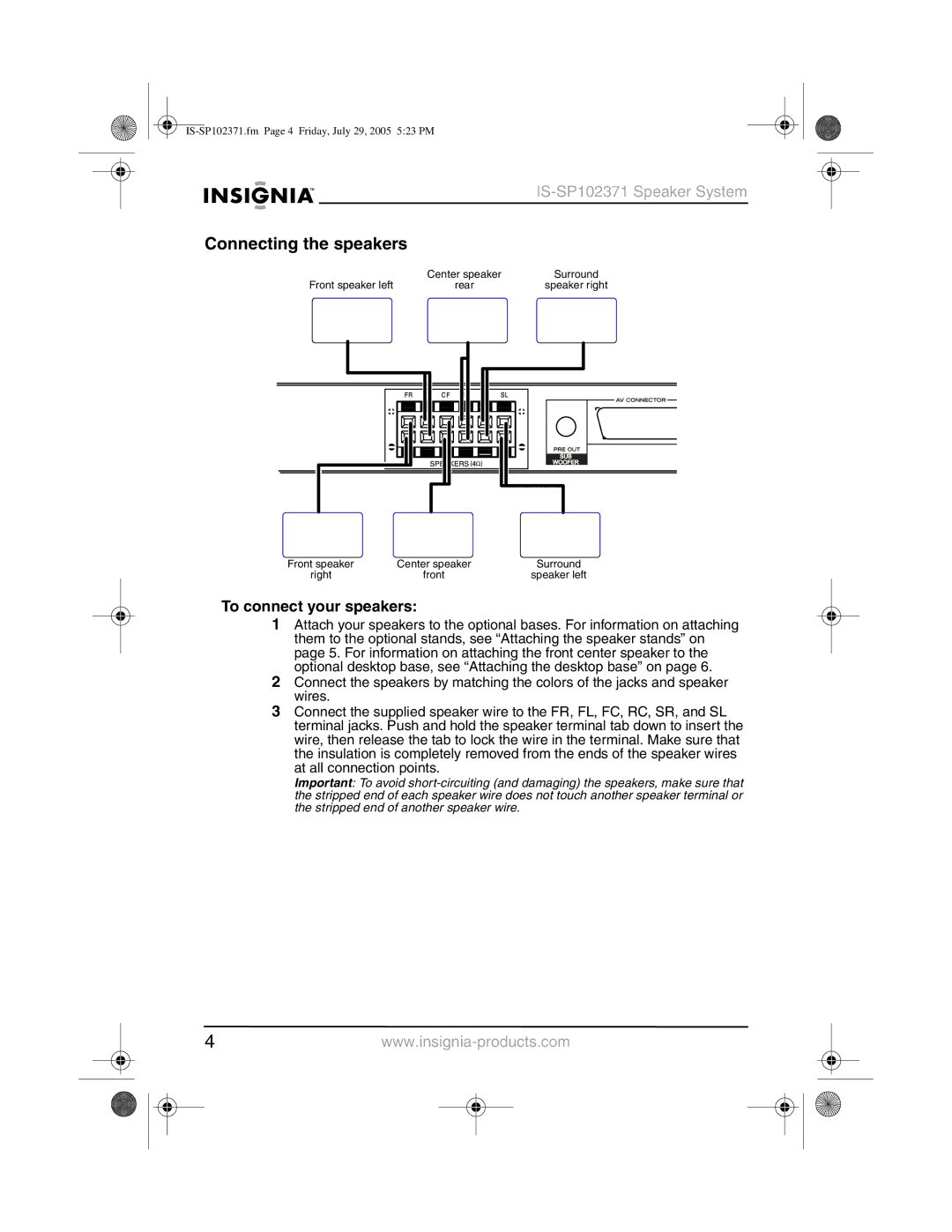 Insignia IS-SP102371 manual Connecting the speakers, To connect your speakers 