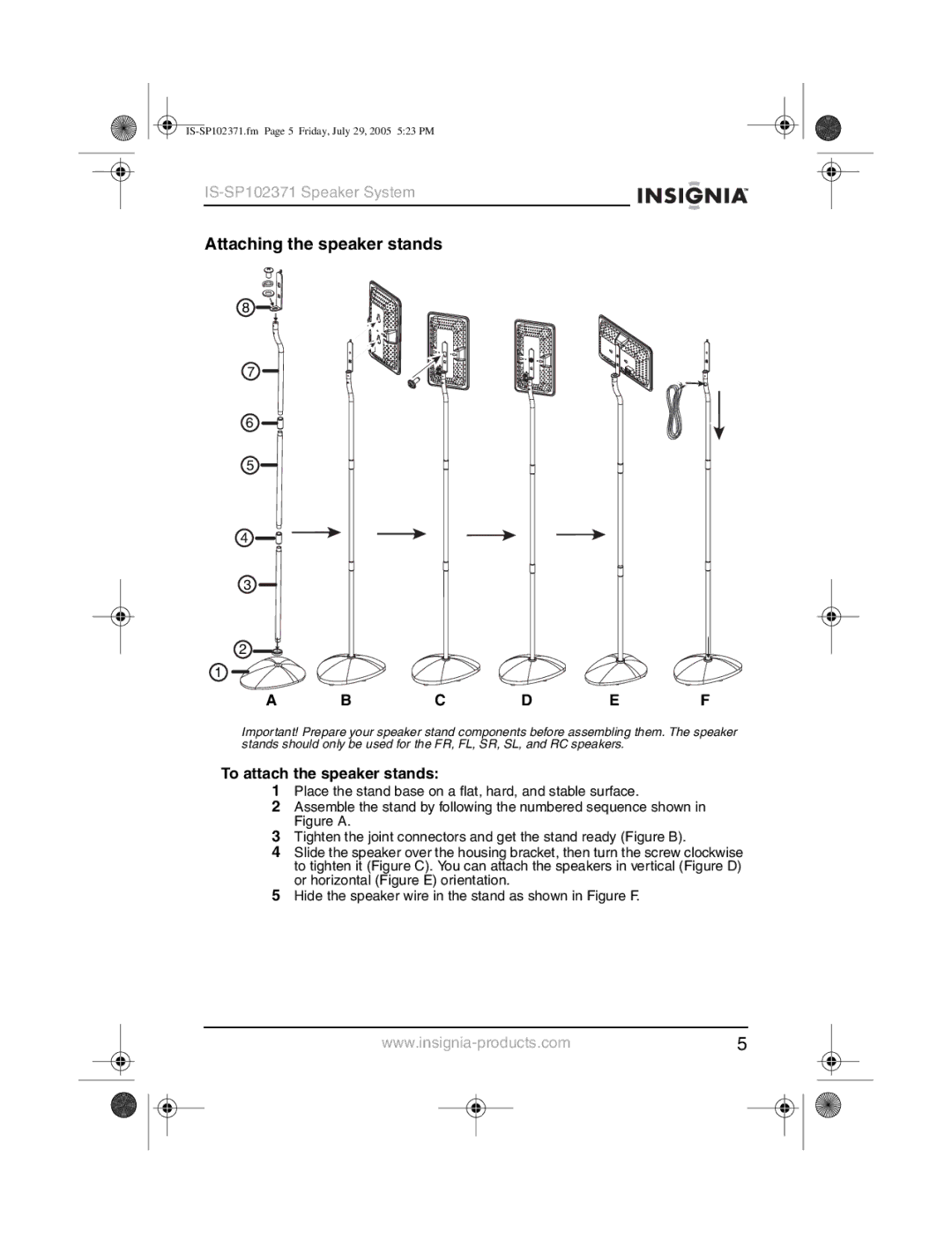 Insignia IS-SP102371 manual Attaching the speaker stands, To attach the speaker stands 