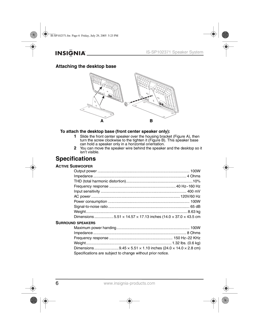 Insignia IS-SP102371 Specifications, Attaching the desktop base, To attach the desktop base front center speaker only 