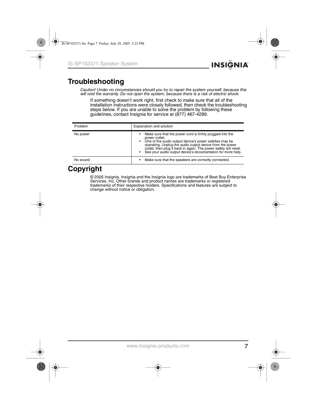 Insignia IS-SP102371 manual Troubleshooting, Copyright 