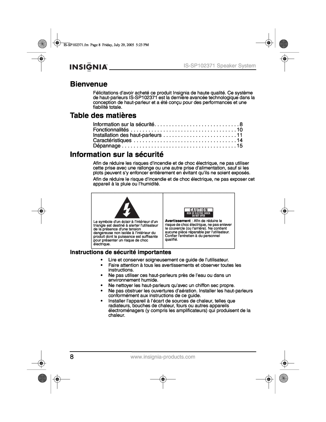 Insignia IS-SP102371 Bienvenue, Table des matières, Information sur la sécurité, Instructions de sécurité importantes 