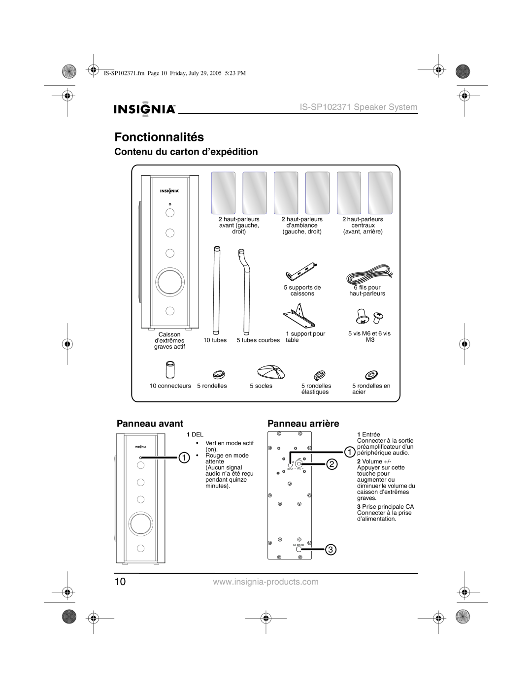 Insignia IS-SP102371 manual Fonctionnalités, Contenu du carton d’expédition, Panneau avant, Panneau arrière, Volume + 