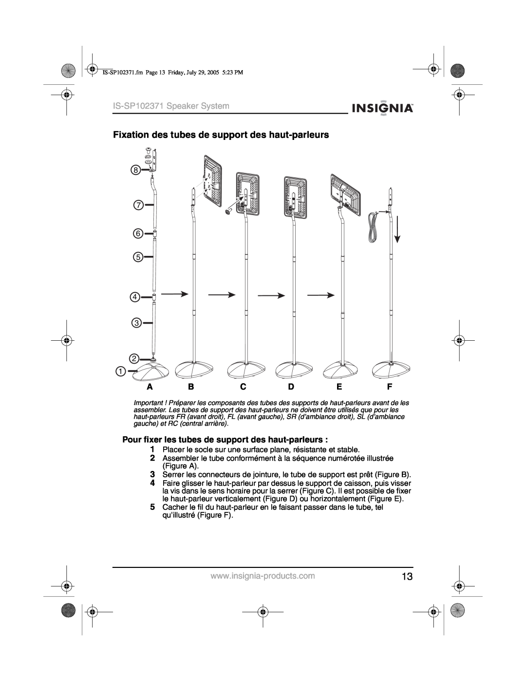 Insignia IS-SP102371 Fixation des tubes de support des haut-parleurs, Pour fixer les tubes de support des haut-parleurs 