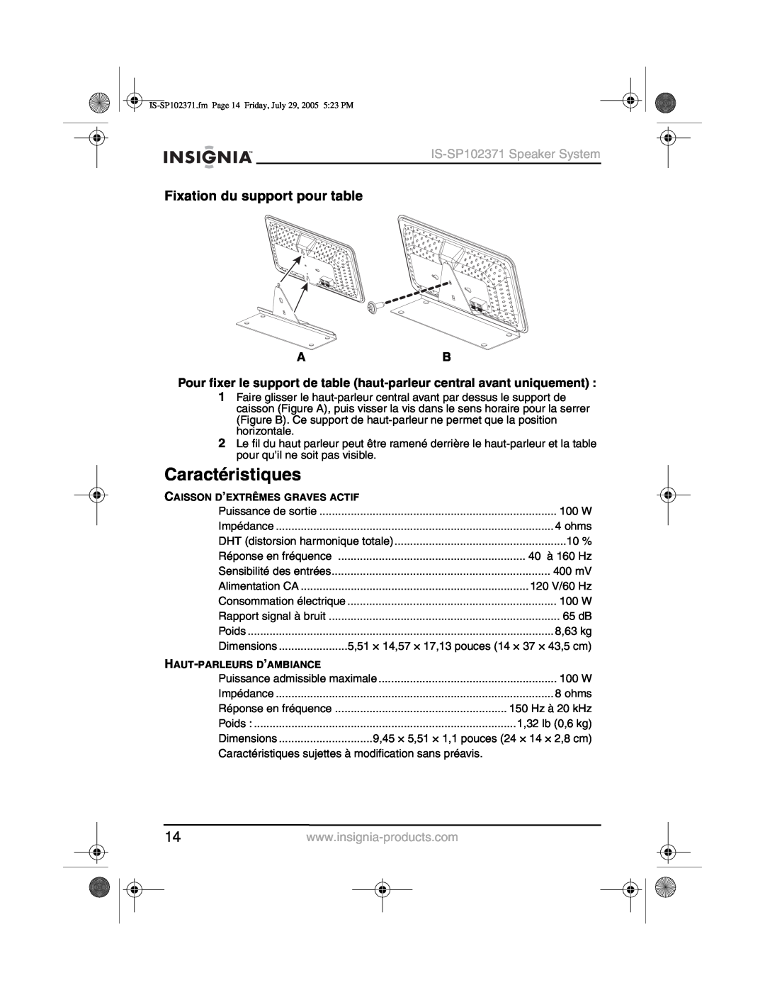 Insignia manual Caractéristiques, Fixation du support pour table, IS-SP102371Speaker System 
