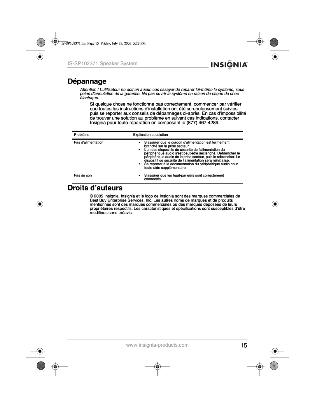 Insignia manual Dépannage, Droits d’auteurs, IS-SP102371Speaker System 