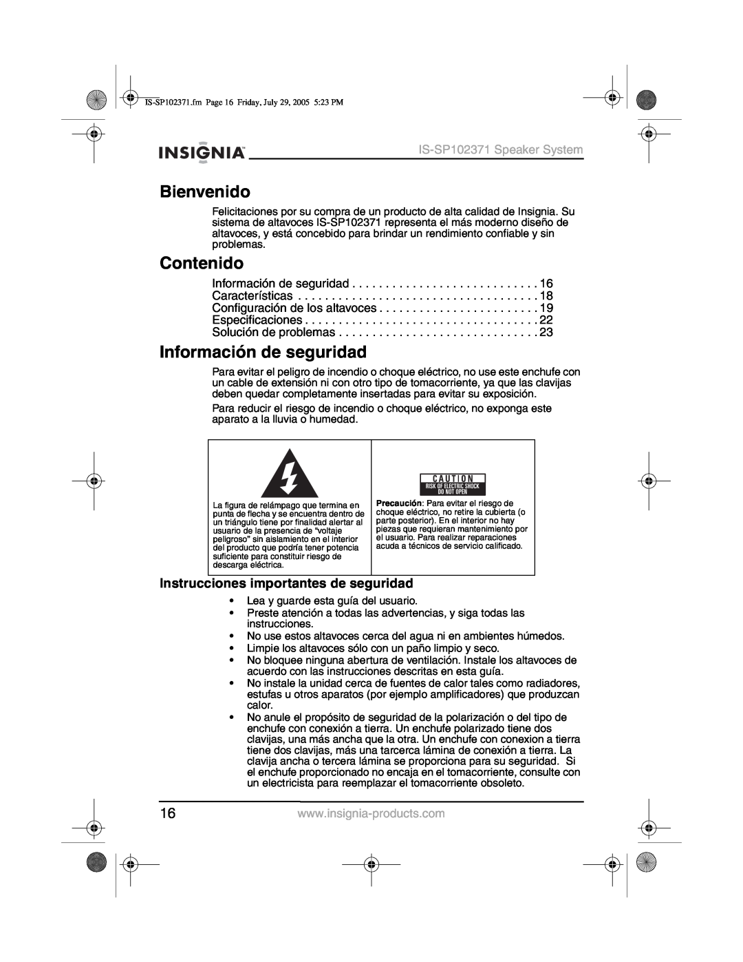 Insignia IS-SP102371 manual Bienvenido, Contenido, Información de seguridad, Instrucciones importantes de seguridad 