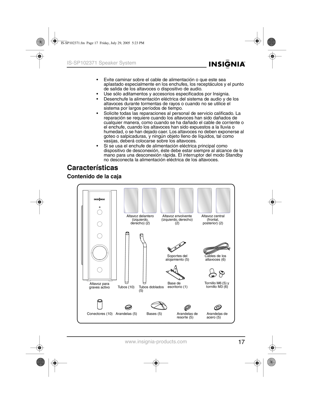 Insignia manual Características, Contenido de la caja, IS-SP102371Speaker System 