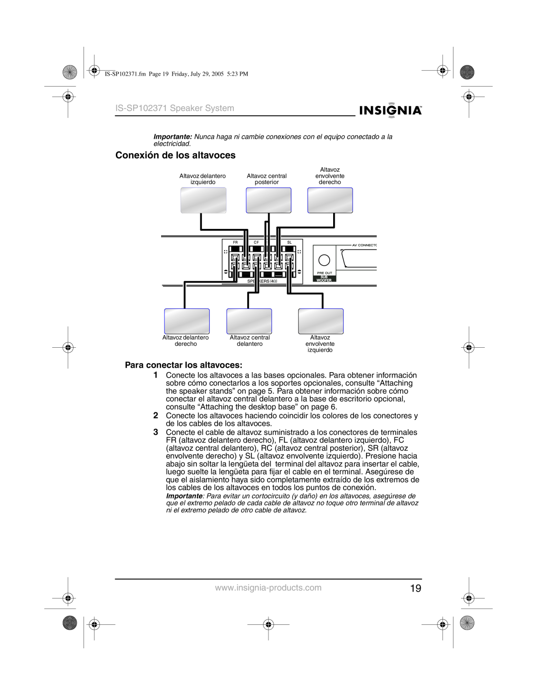Insignia manual Conexión de los altavoces, Para conectar los altavoces, IS-SP102371Speaker System 