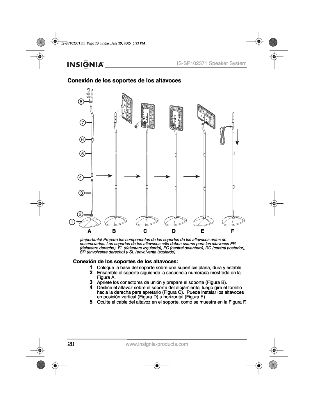 Insignia manual Conexión de los soportes de los altavoces, IS-SP102371Speaker System, A B C D E F 
