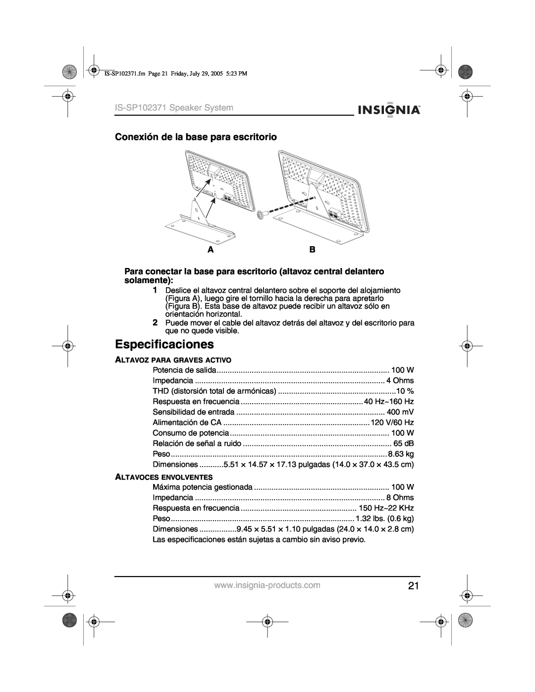 Insignia manual Especificaciones, Conexión de la base para escritorio, IS-SP102371Speaker System 