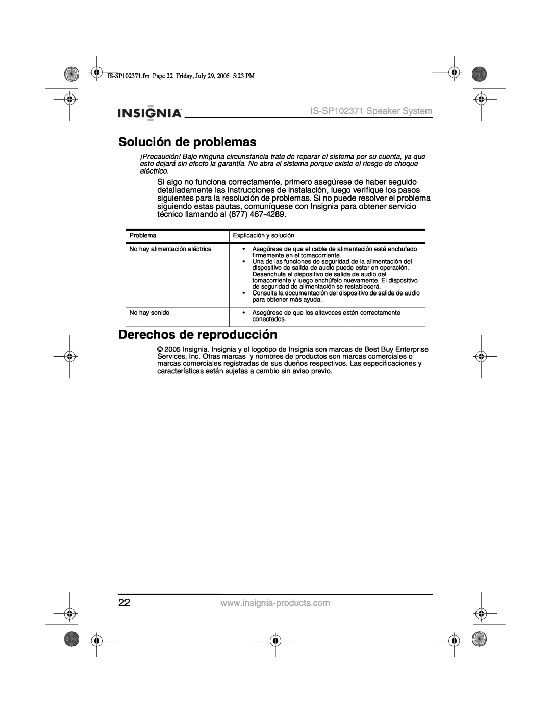 Insignia manual Solución de problemas, Derechos de reproducción, IS-SP102371Speaker System 