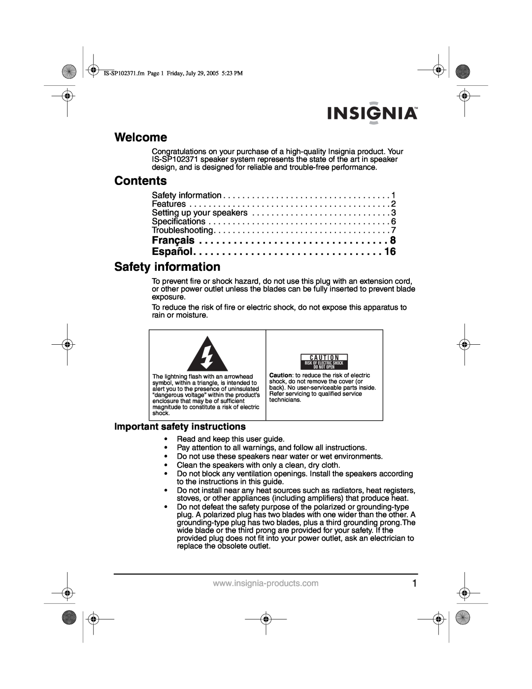Insignia IS-SP102371 manual Welcome, Contents, Safety information, Important safety instructions 