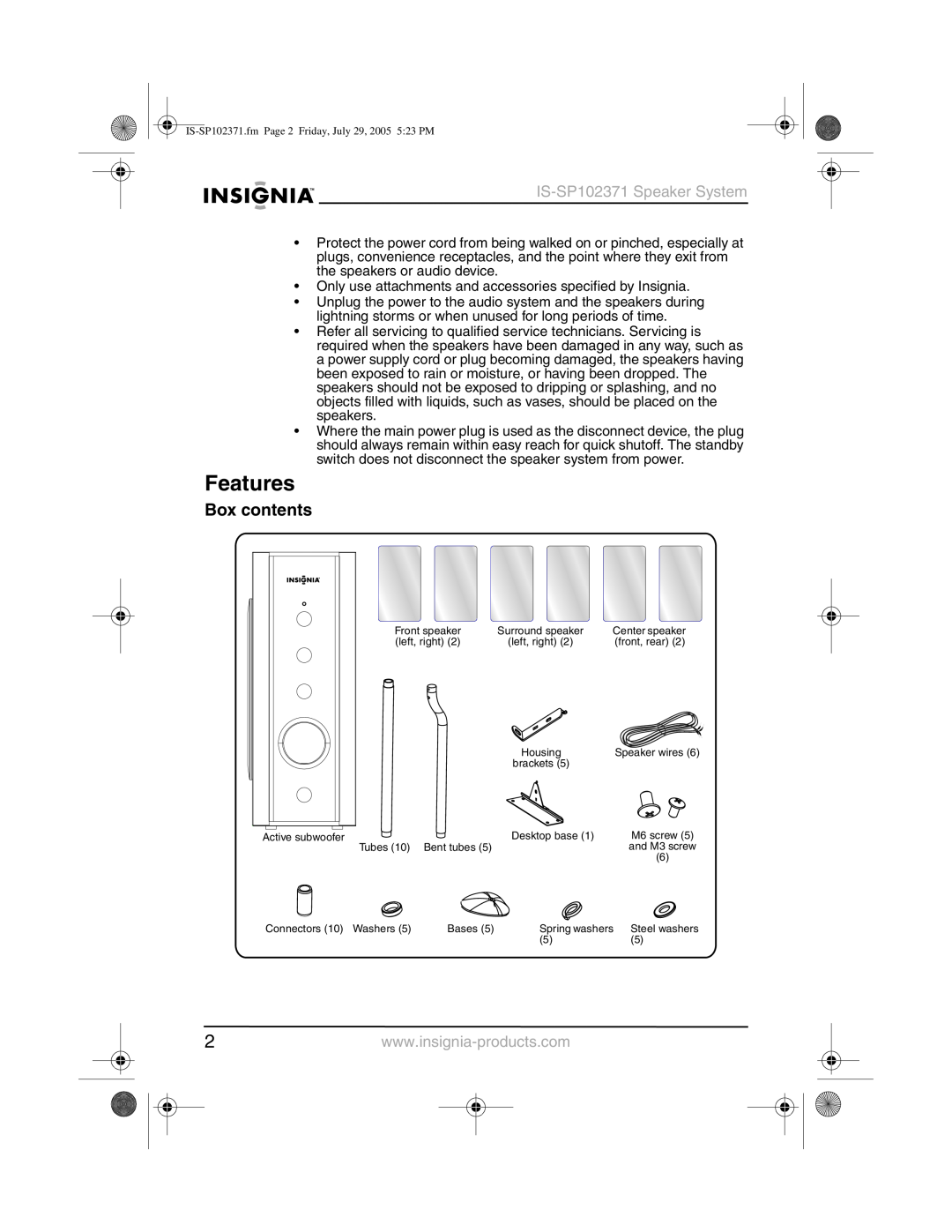 Insignia manual Features, Box contents, IS-SP102371Speaker System 